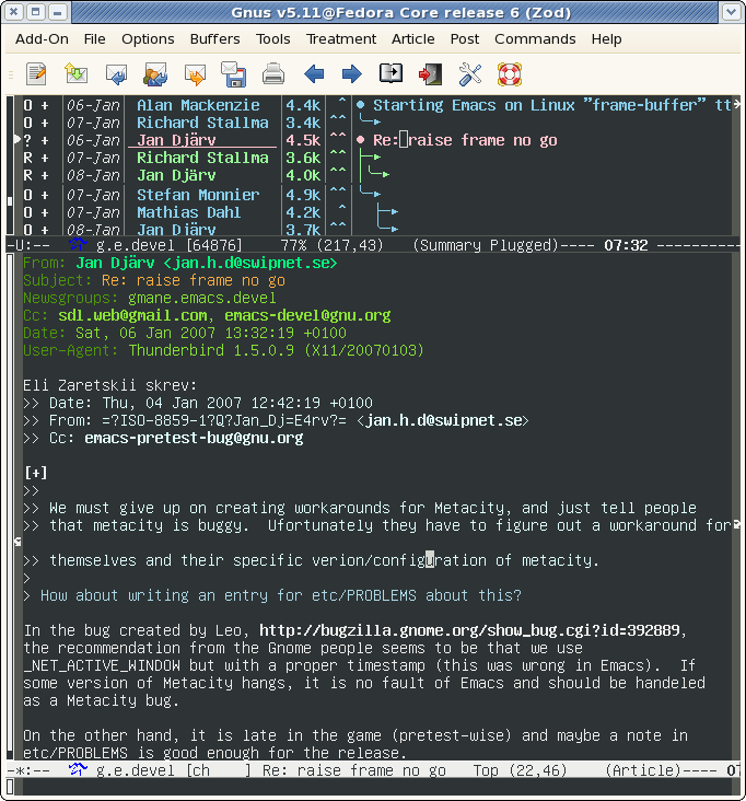 Screenshot of Gnus reading Usenet news in Emacs
